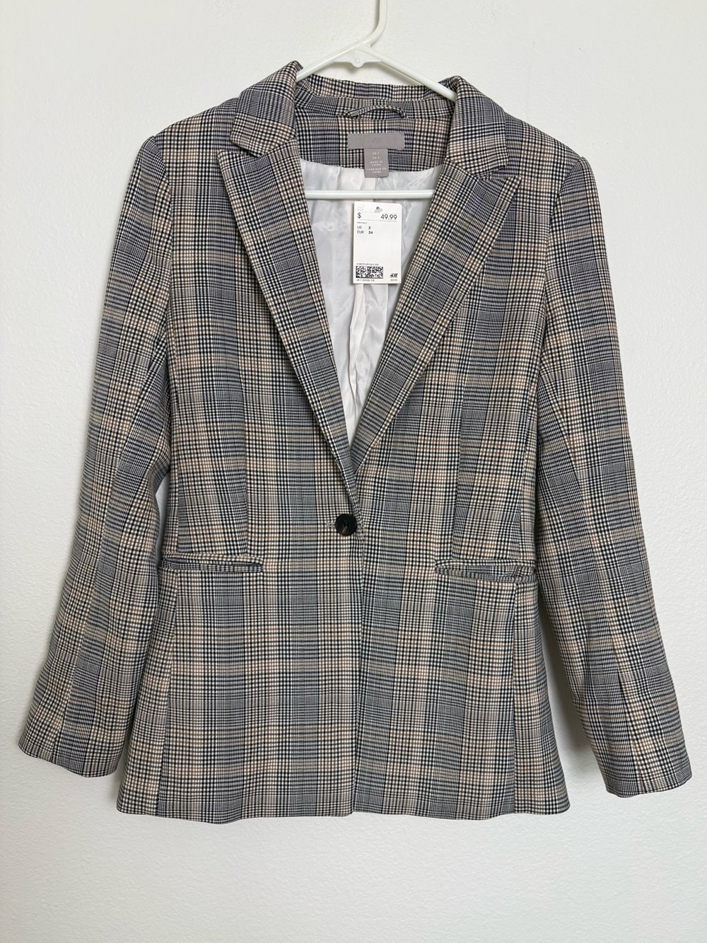 H&M Single Breasted Academia Plaid Blazer in Gray and Tan Size 2